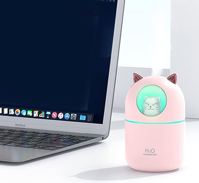 Cute Portable Pink Cool Mist Humidifier with 6 Pcs Filter Cotton Sticks, 7 Color Night Light, USB, for Bedroom, Office, Desk, Car, Travel