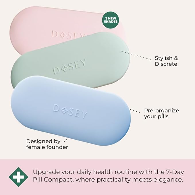 Dosey Compact Travel Pill Organizer - Pill Case with 7 Compartments for Medicine Storage & Protection – Stylish & Elegant Medication Organizer with Mirror, Blue