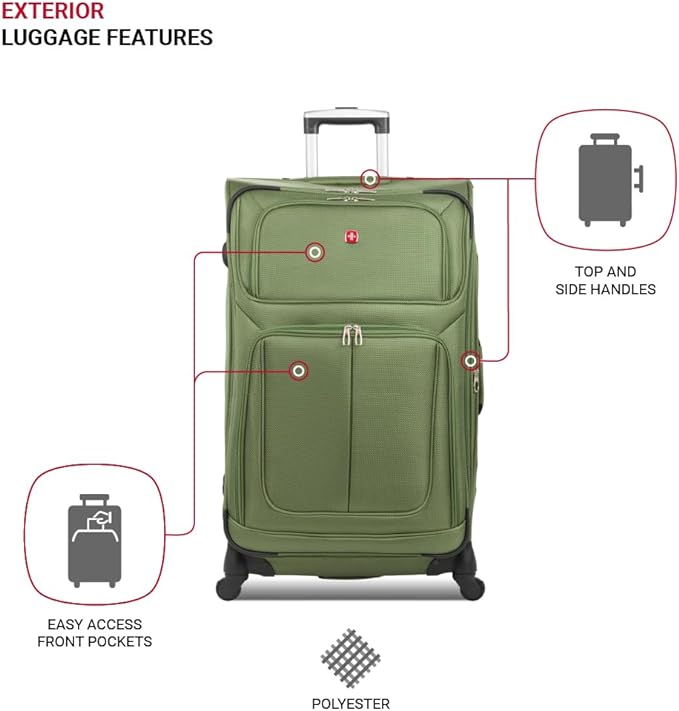 SWISSGEAR Sion Softside Expandable Spinner Luggage Durable Lightweight Travel Suitcase, Evergreen, Checked-Large
