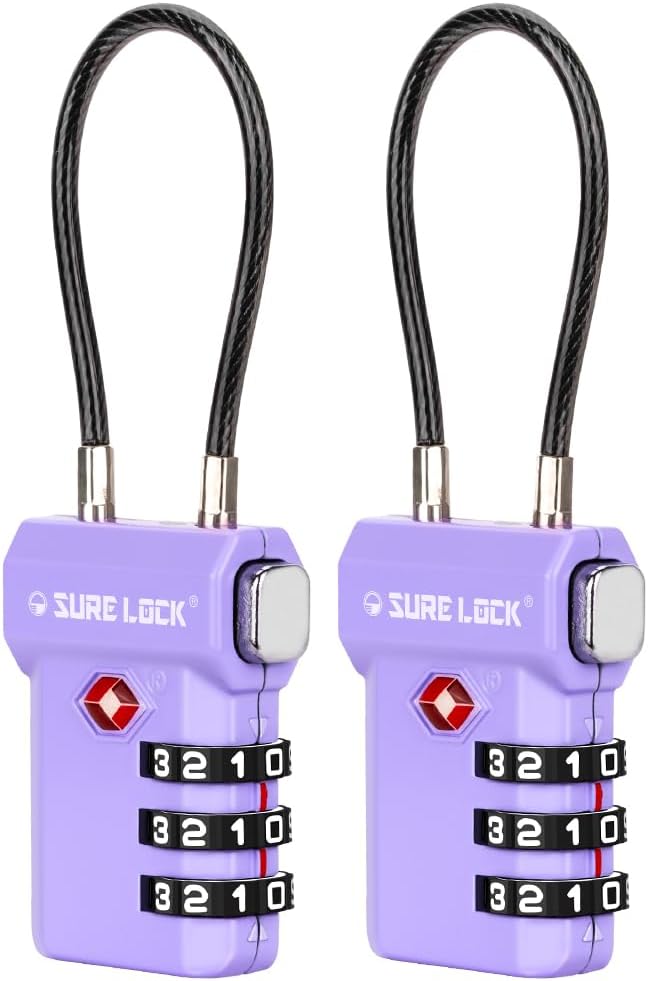 SURE LOCK TSA Approved Luggage Locks with Open Alert Indicator, 3 Digit Combination Cable Travel Lock for Suitcase, Backpack, Gym Locker, Toolbox, Carry On & Travel Bag