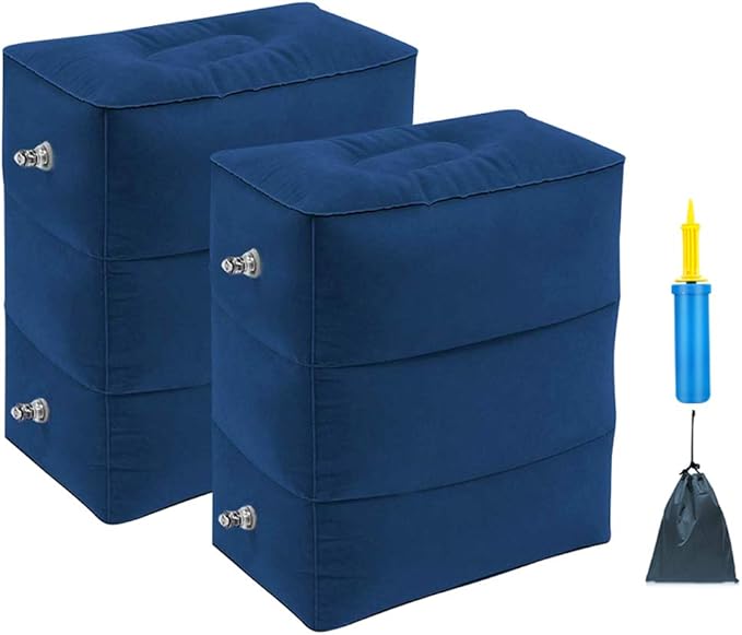 Travel Foot Rest Pillow, Portable Inflatable with Double Hand Pump Adjustable Three Layers Height Pillow for Foot Rest on Airplanes,Cars,Buses,Trains,Office Kids to Sleep on Long Flights (Blue 2)