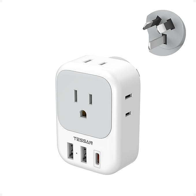 Australia New Zealand Power Adapter, TESSAN Type I Travel Adaptor with 4 American Outlets 3 USB Ports (1 USB C 20W), Plug Adapter for US to Australian Argentina China Fiji Cook Islands AU NZ