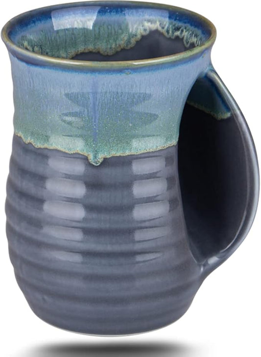 Hand Warmer Coffee Mug Handmade Pottery (UPGRADED) - 16 Ounce Large Hand Warming Mugs Ceramic Gift with Contoured Pocket, Keep Your Fingers Warmth, Right Handed