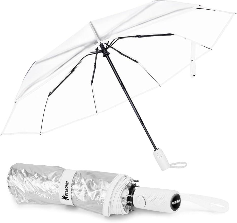 PTEROMY Windproof Travel Umbrellas for Rain and Sun, Withstands 85MPH Winds Auto Open Close Folding Umbrella with Ergonomic Handle, Quick Dry Canopy for Commuting or Backpack