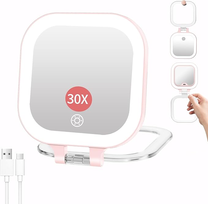 FUNTOUCH Rechargeable Travel Makeup Mirror 30X Magnification, 4.5" Lighted Portable Vanity Mirror with 3 Colors Lighting & Stepless Dimming, Double Sided LED Mirror, Gift for Women (Pink)