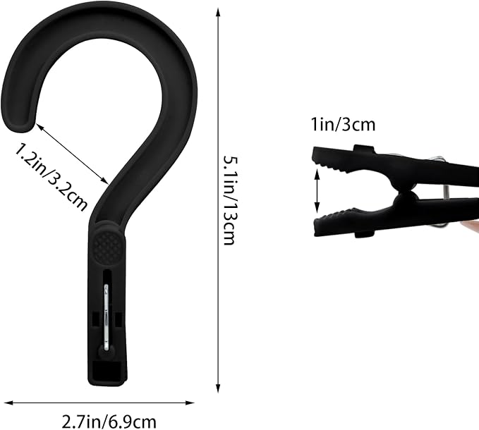 Andiker 4pcs Laundry Hooks with Clips, 5.2" Super Strong Clamping Plastic Single Clip Hangers Portable Travel Hangers with Clips to Hang Socks Towels Boots and Dry Wet Clothes (Black)