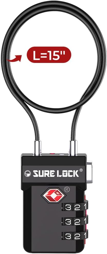 SURE LOCK TSA Approved Luggage Locks with Open Alert Indicator, 3 Digit Combination Cable Travel Lock for Suitcase, Backpack, Gym Locker, Toolbox, Carry On & Travel Bag