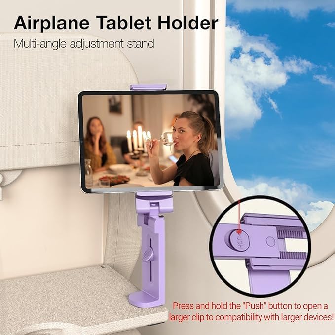 Airplane Tablet Holder Mount, 360 Degree Rotating Hands-Free Travel Stand, Max 7.6” Adjustable Clamp Opening, Compatible with iPad (Not for iPad 12.9”/13”), Purple (Only Fits 7–11" Tablets)