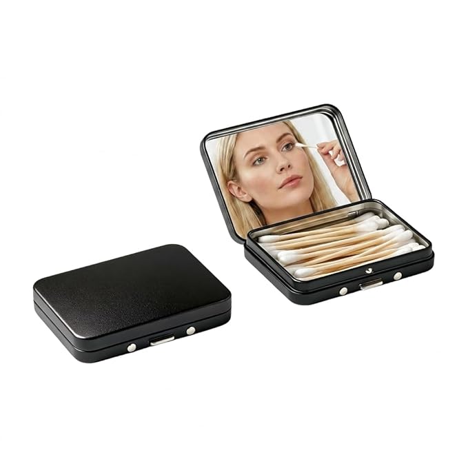 2PCS Cotton Swab Holder for Travel,Portable Floss Pick Holder Case with Mirror,Storage Box for Cotton Swabs, Dental Floss, Hair Ties, and Small Essentials(Black)