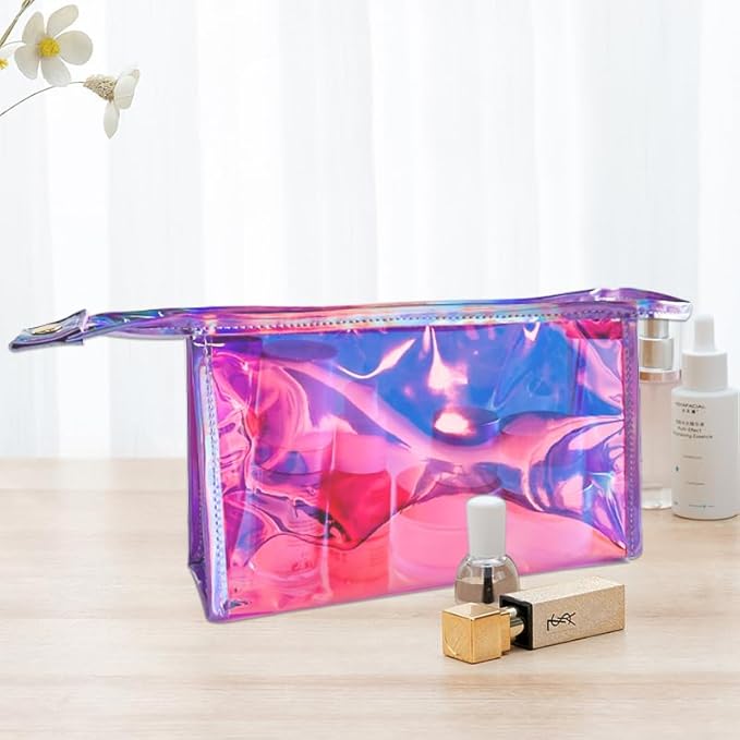 Green Transparent Laser Cosmetic Bag Iridescent Holographic Waterproof PVC Makeup Organizer Bag for Women (Pink)