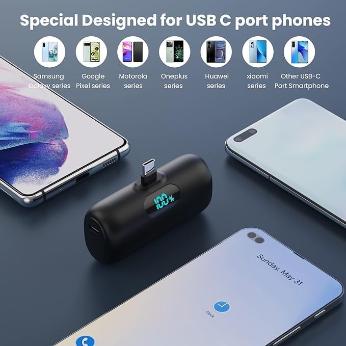 [2-Pack] Mini Portable Charger USB C Power Bank,Upgraded 5000mAh PD Fast Charging Battery Pack Built-in USB-C Connector Travel Essential for iPhone17/17Pro/17Pro Max/Air/16 Plus/16Pro Max/15 Series