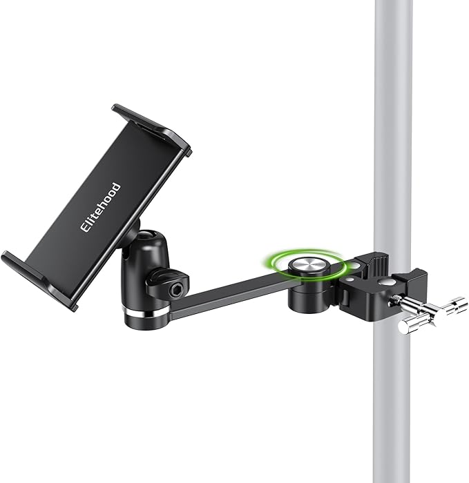 elitehood 8.5in Long Arm iPad Holder for Mic Stand, 360° Adjustable Aluminum Mic Stand Tablet Holder for Microphone & Stage Music, iPad Mount Compatible with 4-13in Tablets, iPhone and Phones