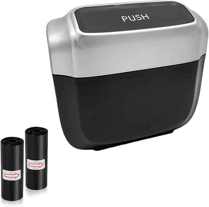 Car Trash Can with Lid, Leakproof Auto Garbage Can Mini Hanging Dustbin with 30 Trash Bags, Waterproof Plastic Garbage Organizer for Vehicle Home Office, Car Accessories (Silver)