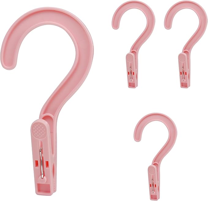 Andiker 4pcs Laundry Hooks with Clips, 5.2" Super Strong Clamping Plastic Single Clip Hangers Portable Travel Hangers with Clips to Hang Socks Towels Boots and Dry Wet Clothes (Pink)