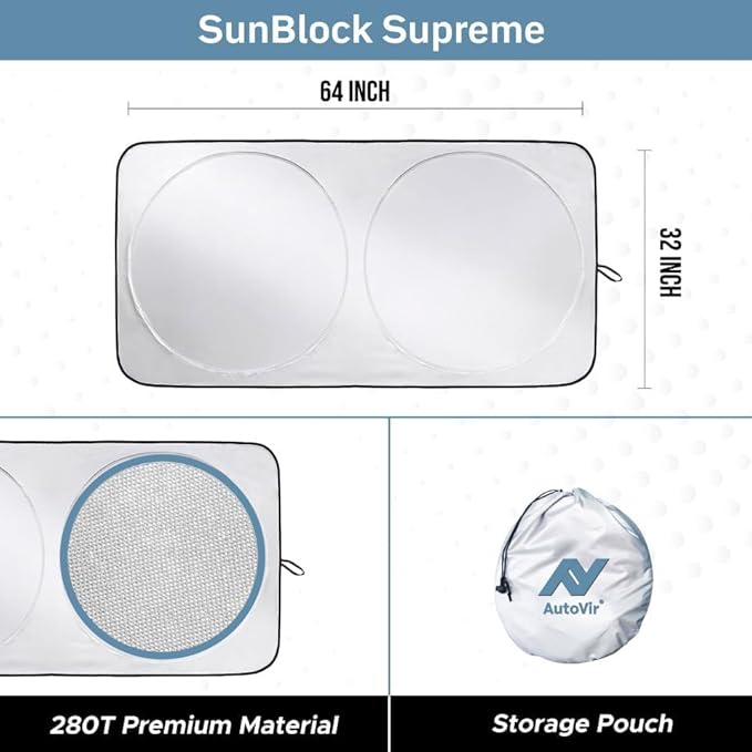 Autovir Windshield Sun Shade Foldable – 280T Car Front Window Shade, Heat Shield UV Sun Visor Protection, Keeps Interior Cool, Easy Fold Storage, Universal Fit for SUV, Sedan
