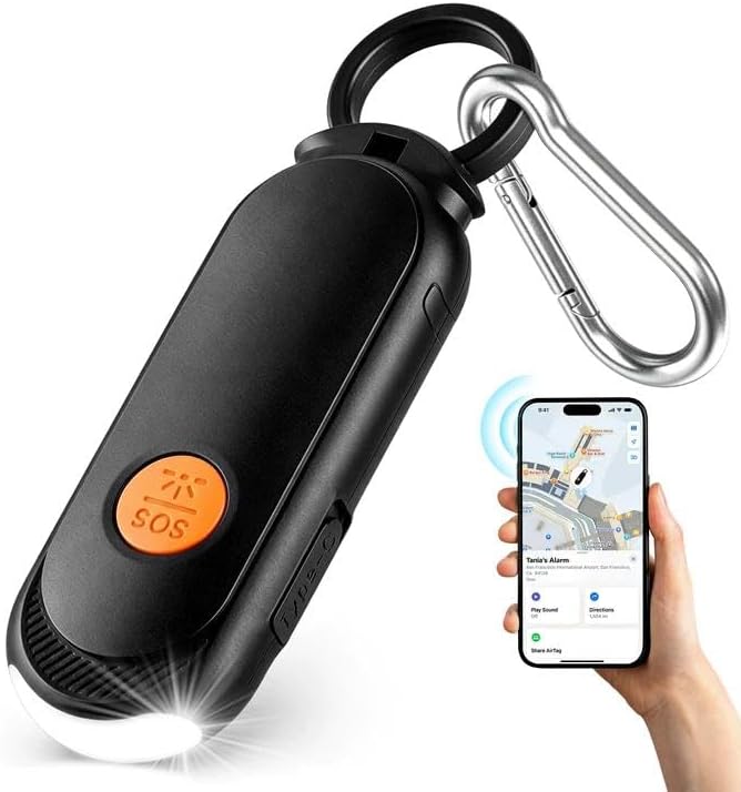Personal Safety Alarm for Women – 135dB Loud Siren & Strobe Light, Anti-Loss Locking Pin, Rechargeable USB-C, Keychain Design, Works with Apple Find My, for Women/Kids/Seniors – Black