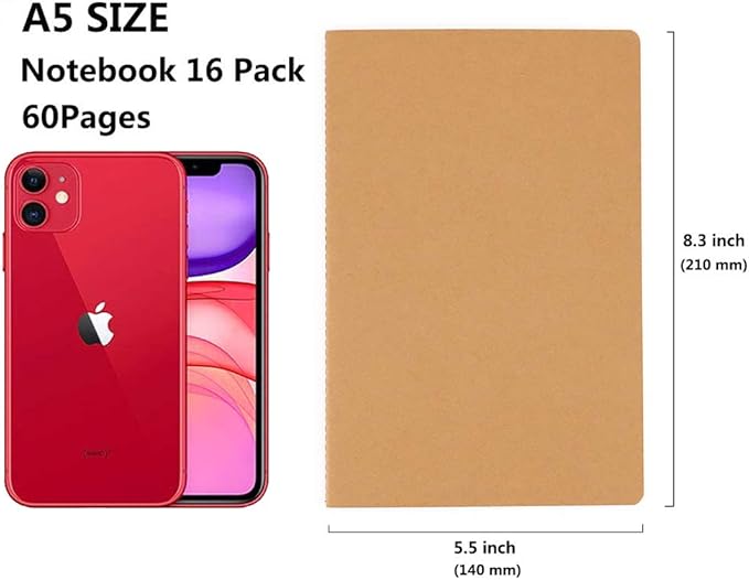 Wotion 16 Pack Kraft Notebooks, Journals in Bulk for Writing, Blank Paper Sketchbooks, 60 Pages Notebook, 8.3x5.5 Inch, A5 Size, Travel Journal Set, for Gifts, Students and Office Supplies