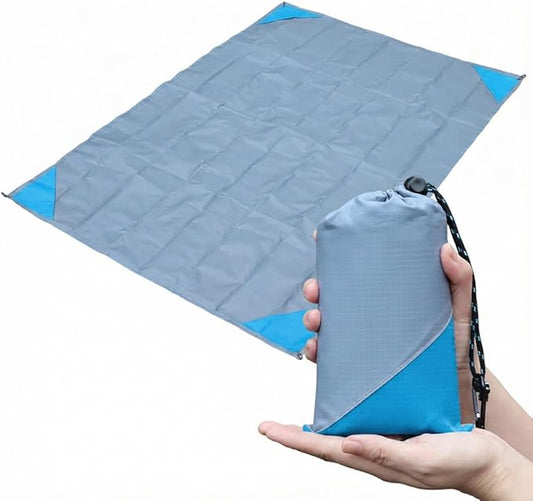 Orga'Neat Pocket Picnic Blanket, Beach Mat Waterproof Sandproof, Compact Lightweight Small Tarp for Camping, Hiking, Backpacking, Festival, Travel, Foldable in Bags (Grey/Blue, 55"x79")