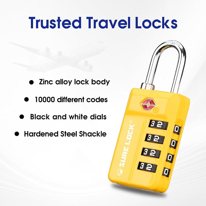 SURE LOCK TSA-Approved 4-Digit Resettable Combination Lock with Open Alert, Easy-Read Dials - for Luggage, School Lockers, Gym, Office, Toolbox & Security Cases (Yellow 2 Pack)