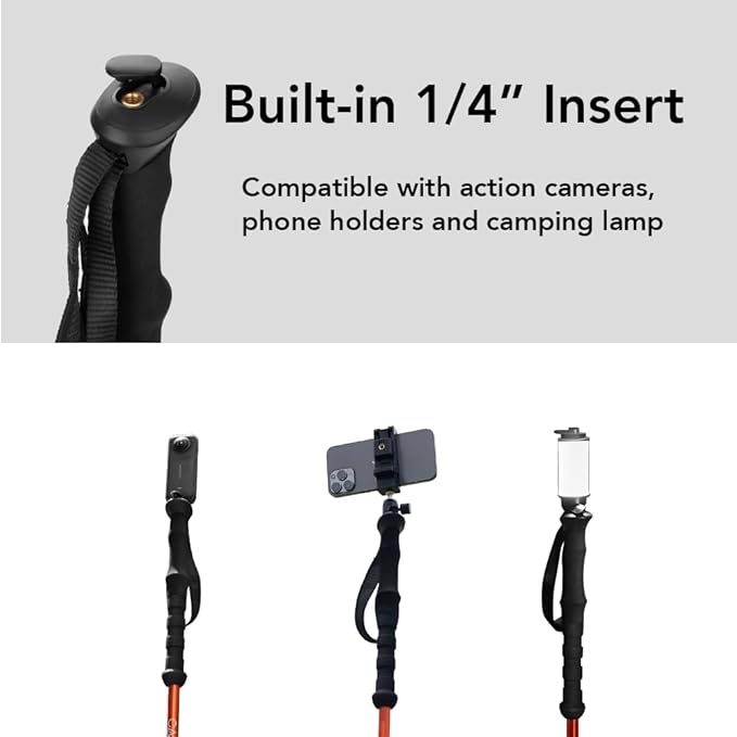Selfie Trekking Pole – Ultralight 7075 Aluminum Hiking Poles with Built-in 1/4” Mount, Selfie Clamp, Tripod & Camera Kit – Adjustable Flip-Lock Walking Stick for Men & Women