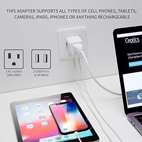 Ceptics Complete European Set Travel Adapter Plug by Ceptics With Dual USB - Type G, E/F, C - London - USA Input - Light Weight - Perfect for Cell Phones, Chargers, Cameras and More - 3 Pack