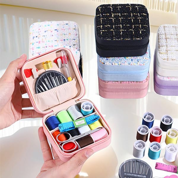 Mini Sewing Kit in Stylish Leather Case – Complete Set with Scissors,Needles,Thread & More, Fashion Box for Store Jewelry– Perfect for Beginners & Travel (ChicBlack)