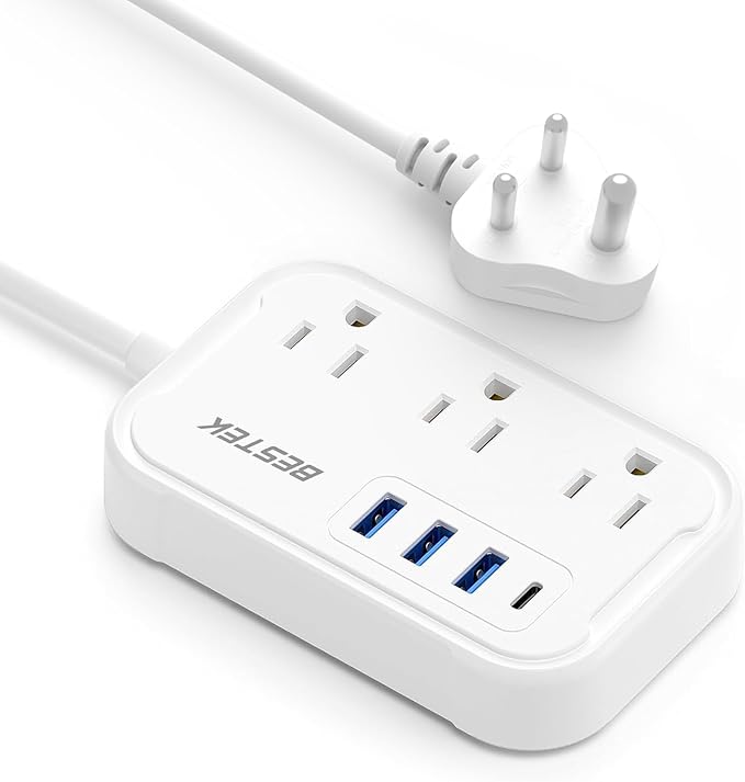 BESTEK US to India Plug Adapter: Type D Travel Adapter Power Strip with 3 AC Outlets and 4 USB(1 PD20W) - for USA to India Bangladesh Maldives Nepal Pakistan 2.6ft