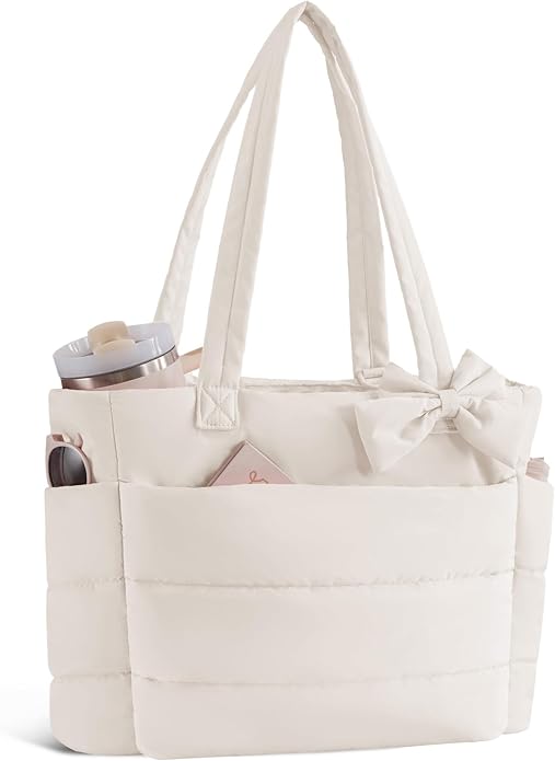 Puffer Tote Bag for Women, Quilted Bow Tote Bag with Cup Holder & 15.6 In Laptop Compartment for Work, Travel, Gym, College