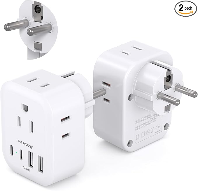 Type E F Plug Adapter 2 Pack, HANYCONY Germany France Spain South Korea Power Adapter Travel Power Adapter with 4 Outlets 4 USB Ports(2 USB C) for US to Europe EU Spain Iceland Greece German