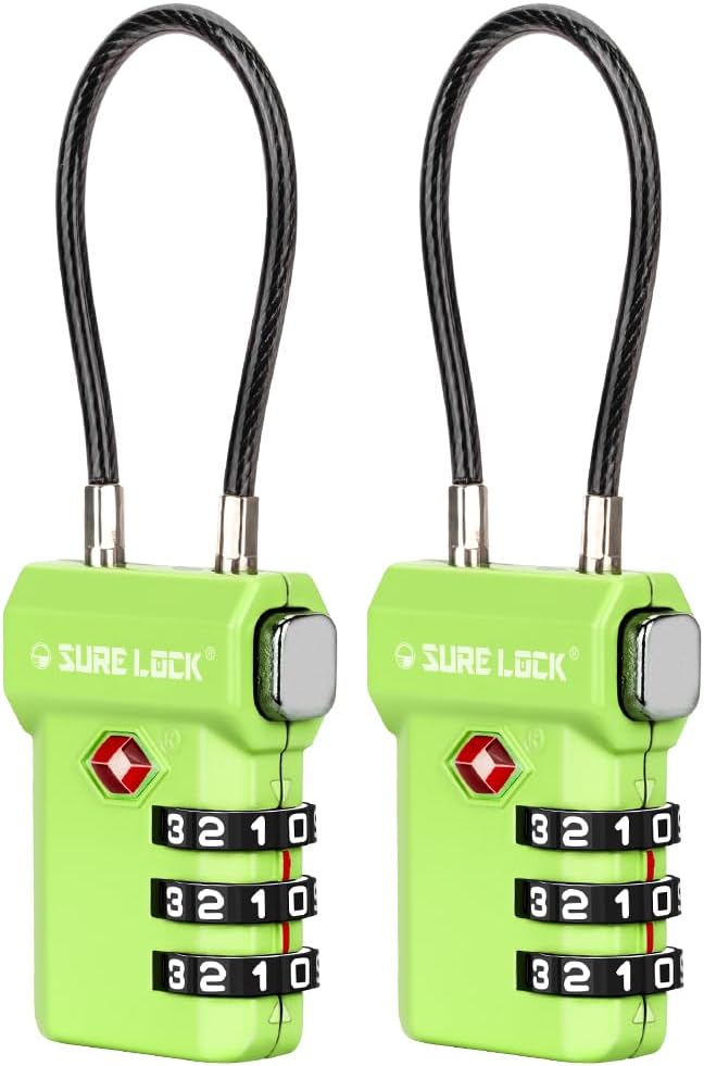SURE LOCK TSA Approved Luggage Locks with Open Alert Indicator, 3 Digit Combination Cable Travel Lock for Suitcase, Backpack, Gym Locker, Toolbox, Carry On & Travel Bag