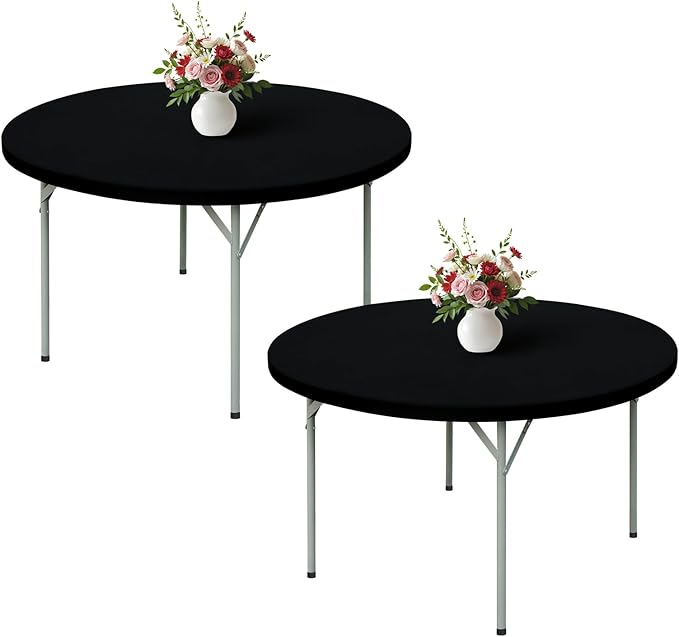 Wolkemer 2 Pack 5 Foot Black Fitted Tablecloth 60 Inch Round Elastic Edges Table Cloth, Spandex Stretch Table Cover with Machine Washable Fabric for Wedding Party Picnic Dining Indoor Outdoor