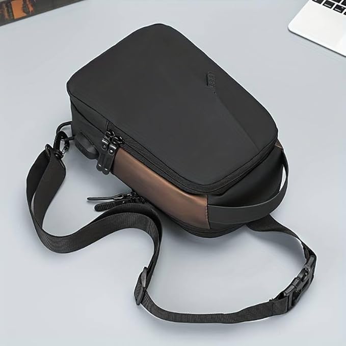 Waterproof Polyester Slim Unisex Crossbody Sling Bag Chest Backpack Men's Shoulder Bag, Leisure Travel Handbag, Hard Shell Anti-Theft Chest Bag, Black&Golden, Standard, Retro