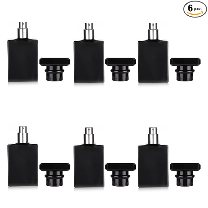 6 Pack 30ml / 1 Oz Black Assorted Refillable Perfume Bottle, Portable Square Empty Glass Perfume Atomizer Bottle Spray Applicator with 4 kinds of perfume dispenser(6 Pack 30ml / 1.01 oz. Black )