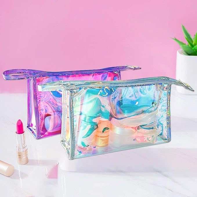 Green Transparent Laser Cosmetic Bag Iridescent Holographic Waterproof PVC Makeup Organizer Bag for Women (Pink+White)