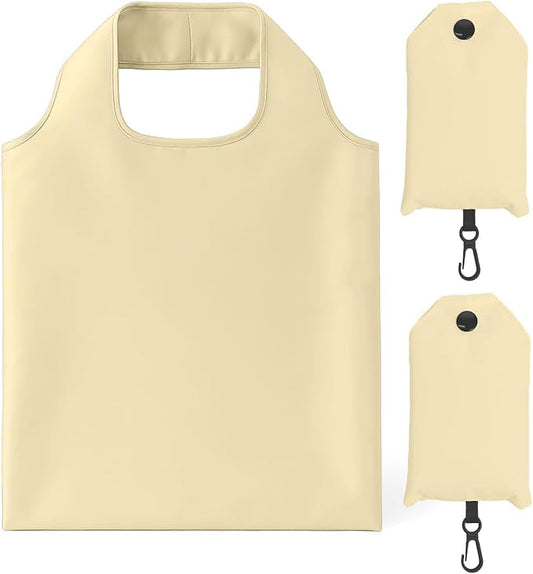 2 Pack Foldable Shopping Bag, Waterproof Reusable Grocery Tote Bag Holder,Nylon(Beige)
