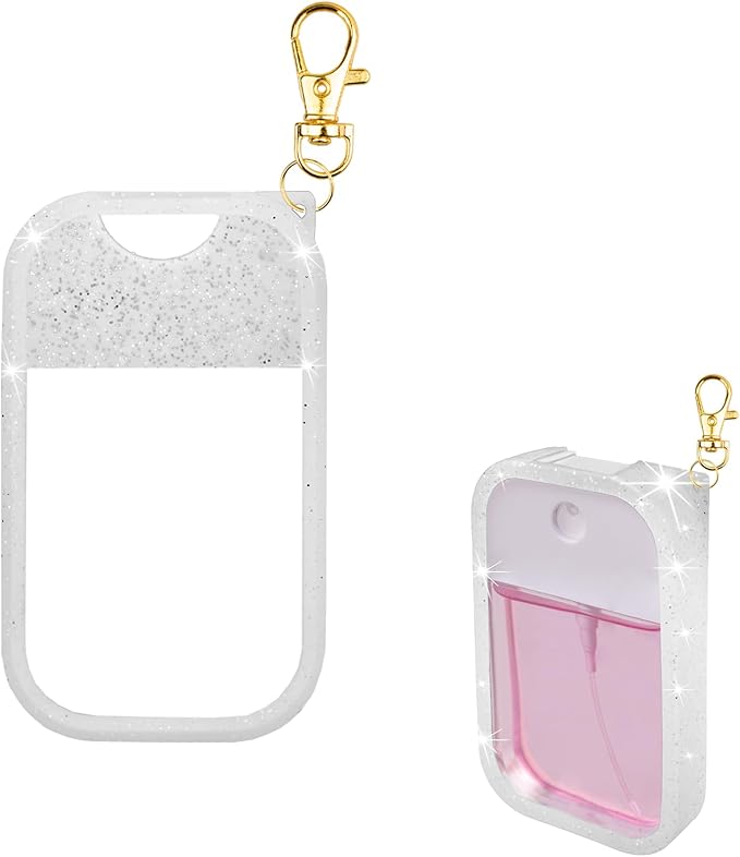 Silicone Case Compatible with Touchland Hand Sanitizer Spray, Protective Case with Keychain for 1 fl oz, Hand Sanitizer Spray Accessory (Glitter Sequin Sliver, 1 Ounces)