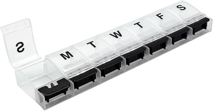 EZY DOSE Weekly (7-Day) AM/PM Daily Pill Organizer, Vitamin Case, and Medicine Container, X-Large Compartments, Arthritis Friendly, Convenient with Effortless Portability, Clear/Black Lids, BPA Free