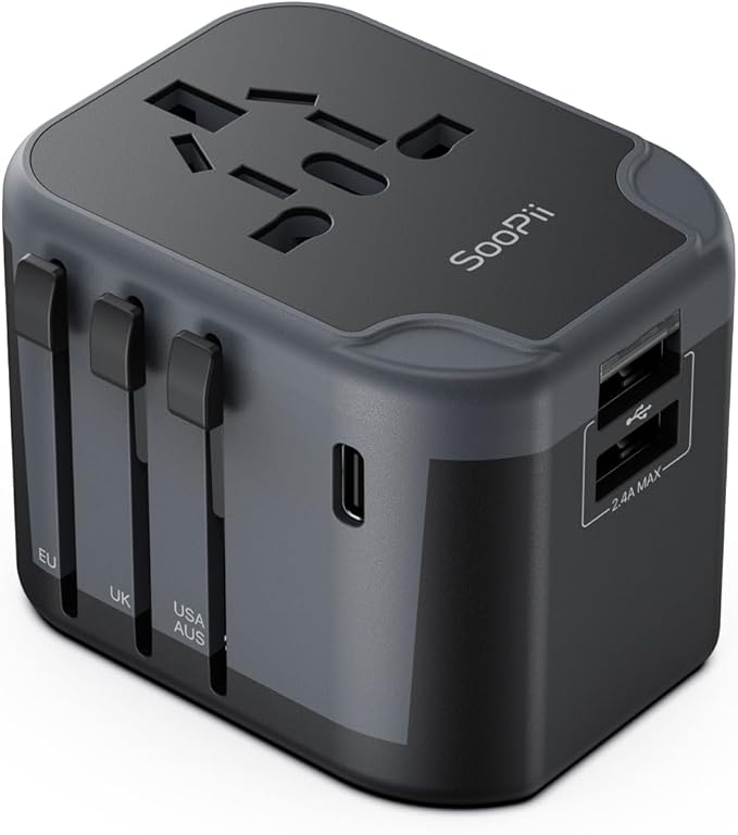 SooPii Universal Travel Adapter,Power Converters with 1 USB C and 2 USB A Ports, 7 in 1 Worldwide Travel Plug Adapter Wall Charger,International Power Adapter for EU, USA, UK, AUS,Asia etc(Black)