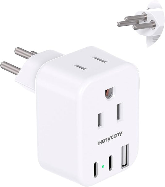 HANYCONY Brazil Power Adapter, Type N Plug Adapter with 2 Outlets 3 USB Ports (2 USB C), Travel Adapter for US to Brazil Brazilian Brasil
