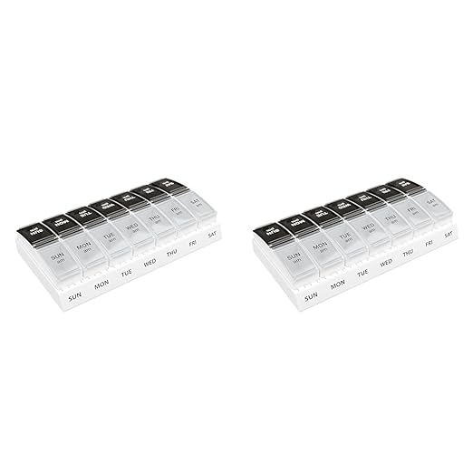 EZY DOSE Weekly (7-Day) AM/PM Pill Case, Medicine Planner, Vitamin Organizer, Small Pop-Out Compartments, 2 Times a Day, Black and Clear Lids (Pack of 2)