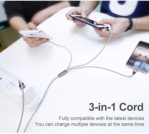 Multi USB Charging Cable 3A, 3 in 1 Fast Charger Cord Connector with Dual Phone/Type C/Micro USB Port Adapter, Compatible with Tablets iPhone 14 13 12 Pro 8 7 Samsung Galaxy (4FT/2Pack Charging Only)