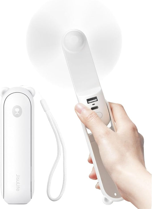 JISULIFE Handheld Fan 8 Plus: All-in-One Mini Fan with 37Hrs Cooling & 4500mAh PowerBank & Flashlight, USB Rechargeable, Portable Pocket Size for Travel, Makeup, Concert, Gifts for Women(White)