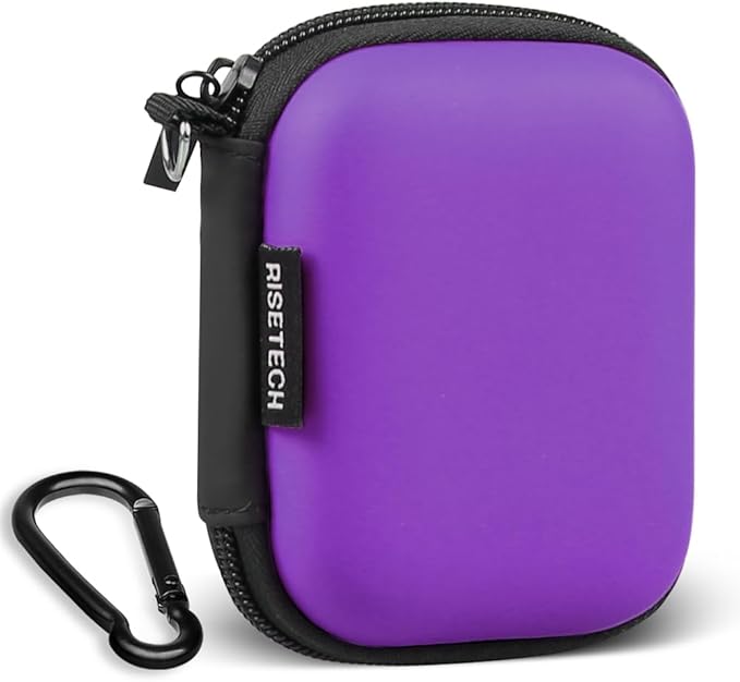 Earbud Case, RISETECH Earphone Case Holder Hard EVA Headphone Small Zipper Pouch Compatible with Wireless in-Ear Headset, SD Cards, USB Charger Cable, AirPods, Sony Wired Earbuds with Keychain -Purple
