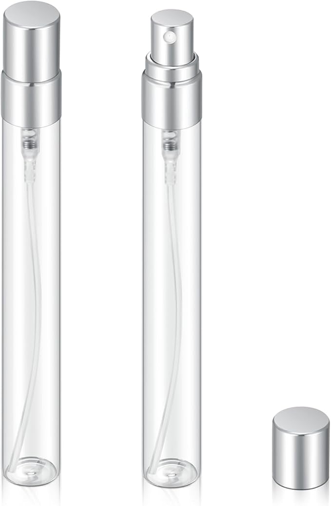 20Pcs 10ml Empty Clear Glass Mist Spray Bottle Refillable Mini Perfume Atomizer Travel Sample Bottle with Silver Aluminized Nozzle Makeup Container for Perfume (10ml Silver Caps)