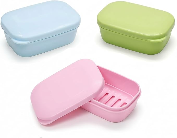 3 Pack Travel Soap Case with Lid, Leakproof Travel Soap Container, Portable Soap Holder with Removable Drain Tray for Home, Bathroom, Hiking, Camping, Outdoor (Blue, Pink, Green-n)