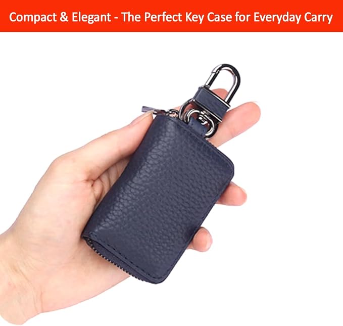 Leather Car Key Case with Zipper, Compact Smart Key Fob Holder with Keychain, Portable Car Key Organizer Pouch
