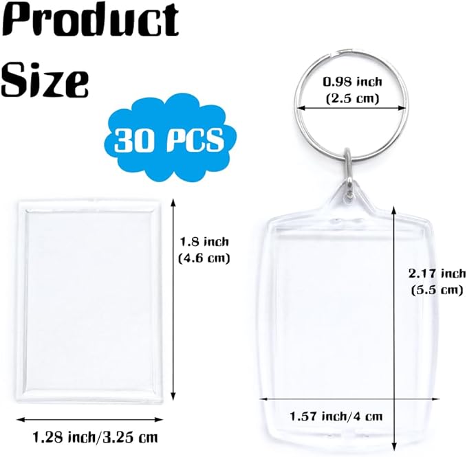 Baaxxango 30 pcs Acrylic Photo Frame Keyring,2.16 x 1.5 Inch/5.5 x 4 cm Personalized Keychains,Clear Picture Keychain as Gift,Suit for Artwork