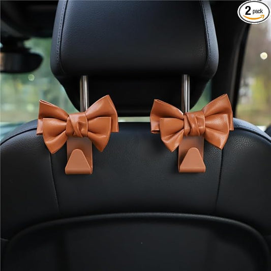 2 Pack Car Purse Hooks, Cute Bow Car Seat Headrest Hook Hanger for Purses and Bags, Space-Saving Car Accessory(brown)