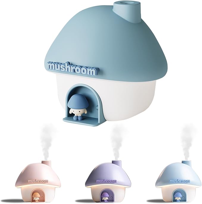 Cute Mushroom House Humidifier, 300ml Small Cool Mist Humidifers, USB Rechargeable Mini Portable Air Humidifer with Night Light for Bedroom, Office, Car, Travel, Indoor Plants (Blue)