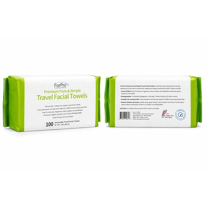 ForPro Travel Size Disposable Face Towels, 8"x8" Compact Dry Wipes, Ultra Soft Lint-Free Viscose Makeup Remover Pads for Sensitive Skin, Biodegradable, Vegan, 100-Count